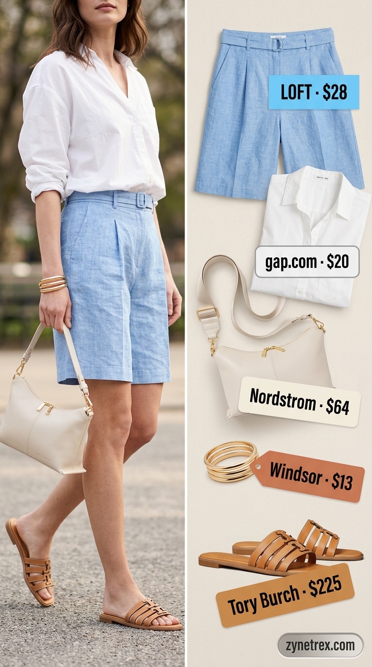 Elegant summer outfits for women over 30 2026: Sky blue Bermuda shorts, white button-down, and tan sandals for garden parties.
