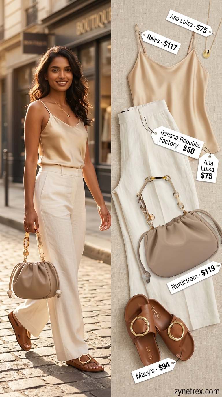 Elegant summer outfits for women over 30 2026: Ivory linen pants, champagne gold camisole, tan sandals for Riviera brunch.