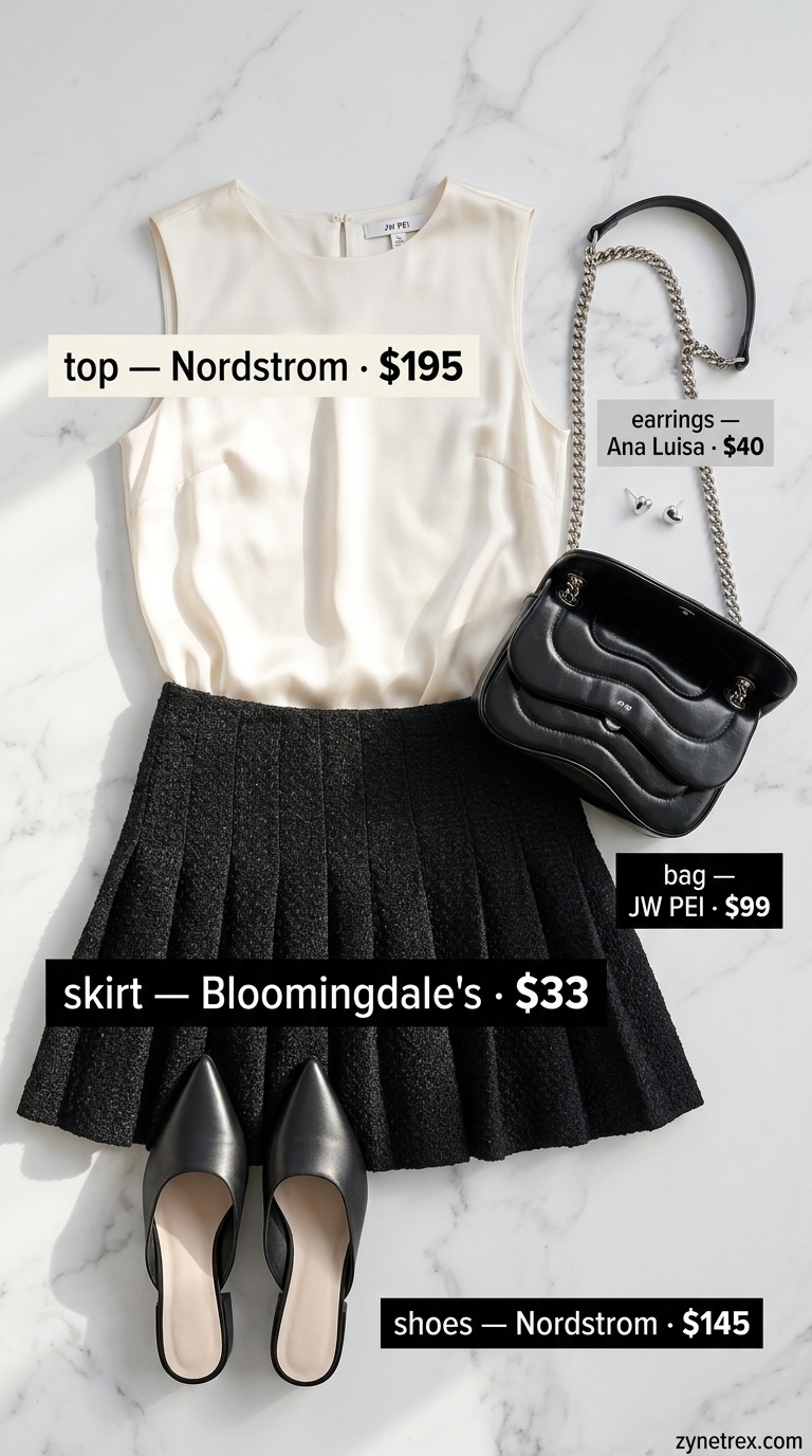 Elegant summer outfits for women over 30 2026: Black tweed mini skirt, white silk blouse, black mules for city chic.