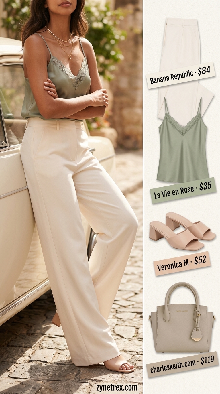 Elegant summer outfits for women over 30 2026: Cream wide-leg trousers, sage camisole, and nude mules for al fresco brunch.