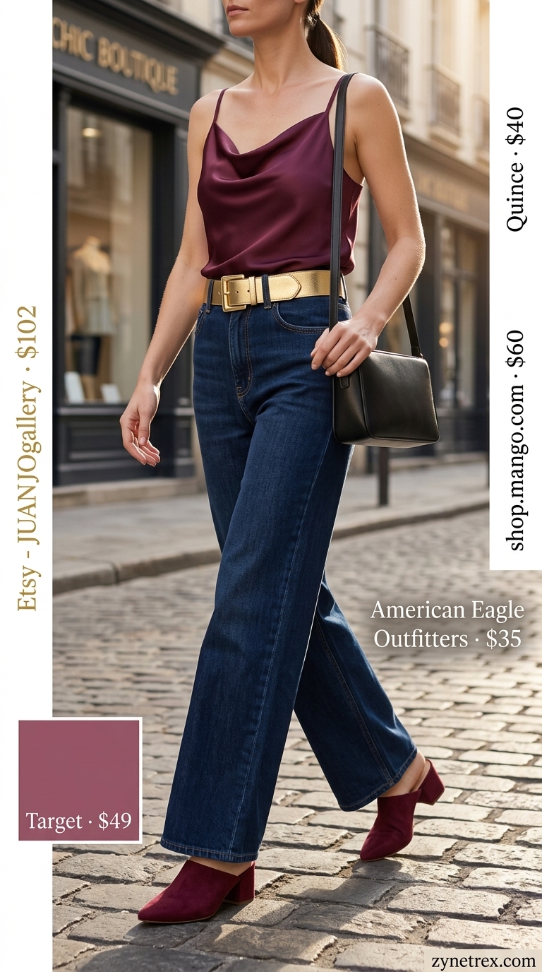 Elegant summer outfits for women over 30 2026: Dark wash wide-leg jeans, cream camisole, and berry mules for urban chic.