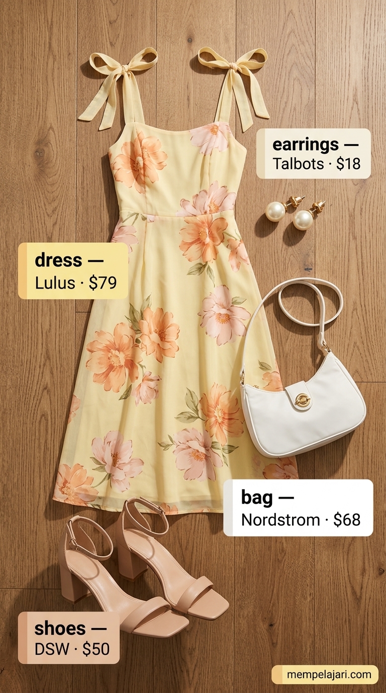 Elegant summer outfits for women over 30 2026: Soft yellow floral midi dress, nude sandals, white top-handle bag for a garden party.