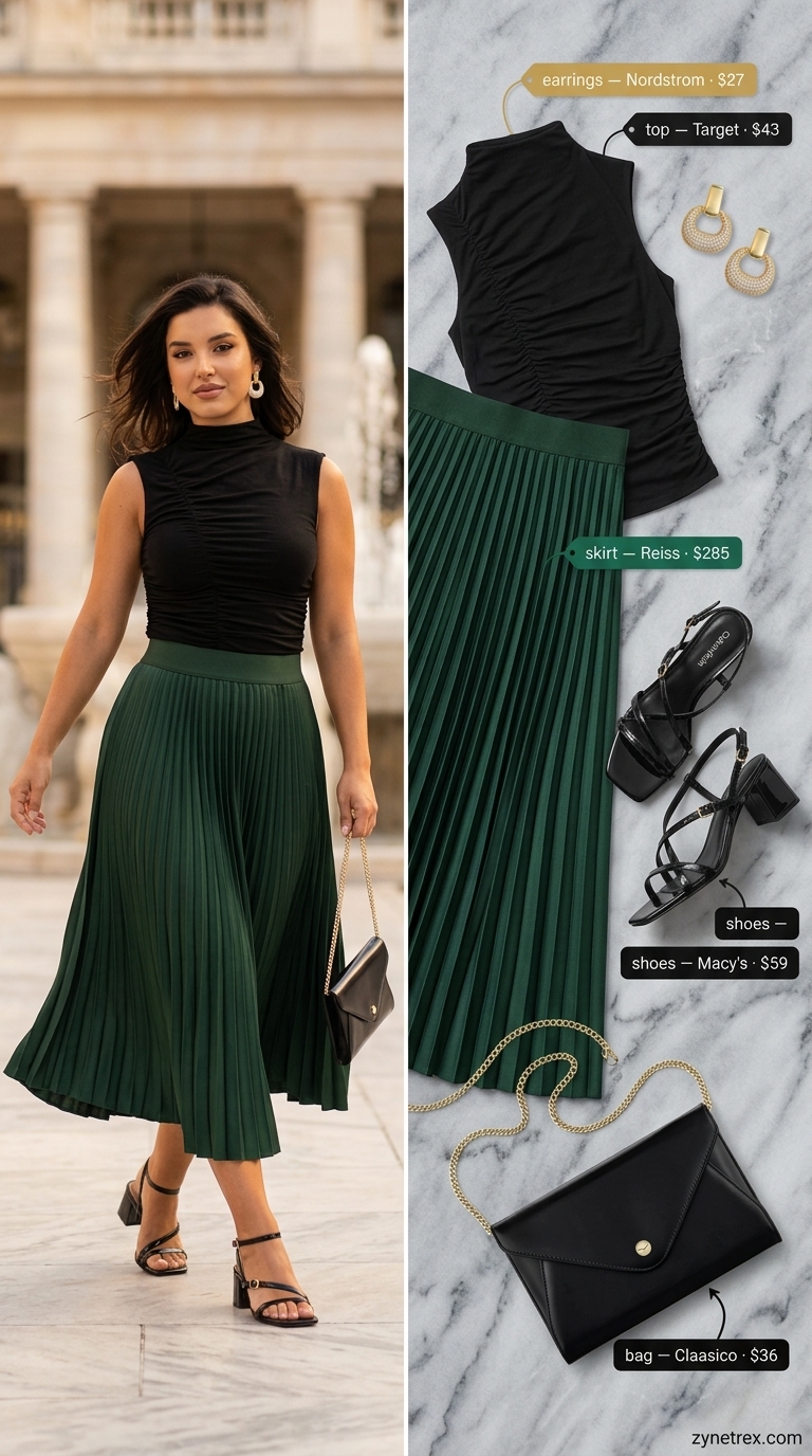 Elegant summer outfits for women over 30 2026: Emerald green satin skirt, black knit top, black sandals for a sunset dinner.