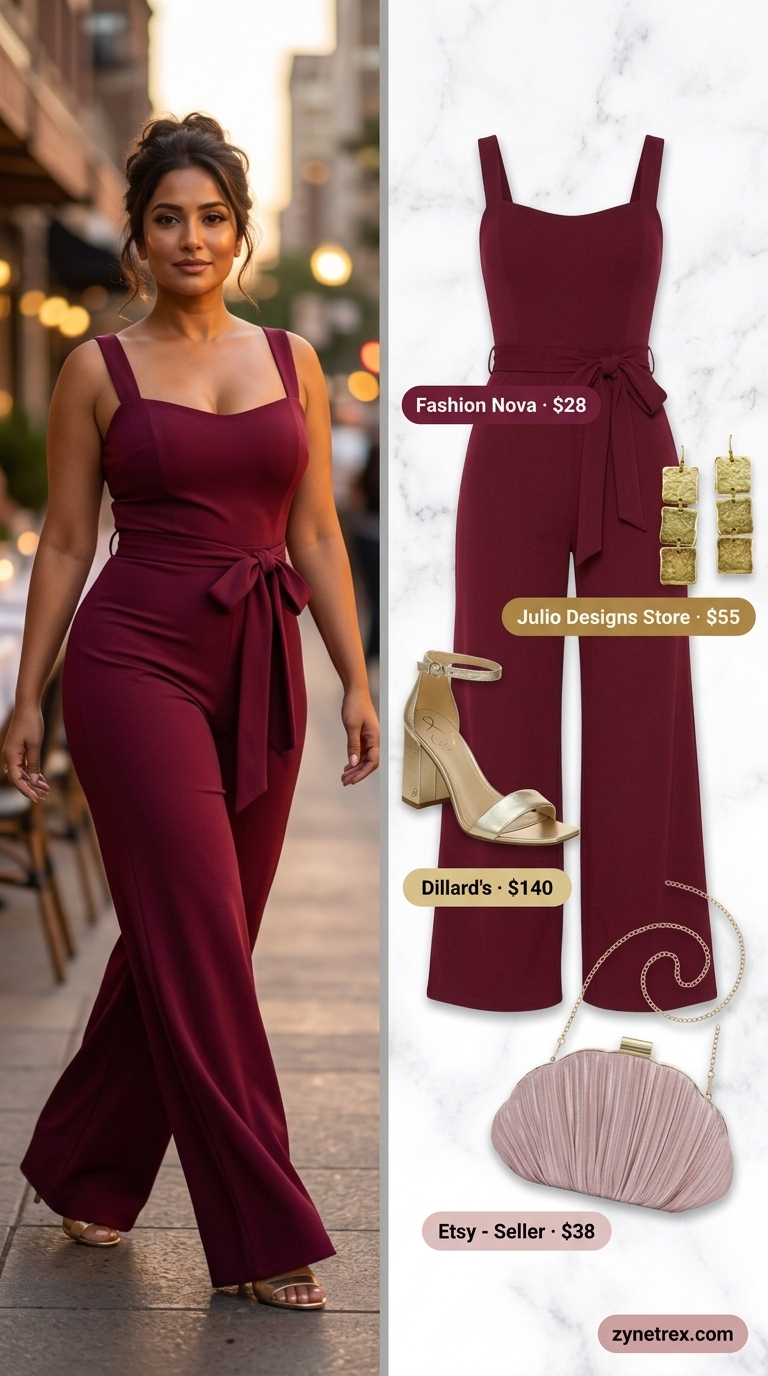 Elegant summer outfits for women over 30 2026: Deep berry wide-leg jumpsuit, gold sandals, blush pink clutch for an evening soirée.