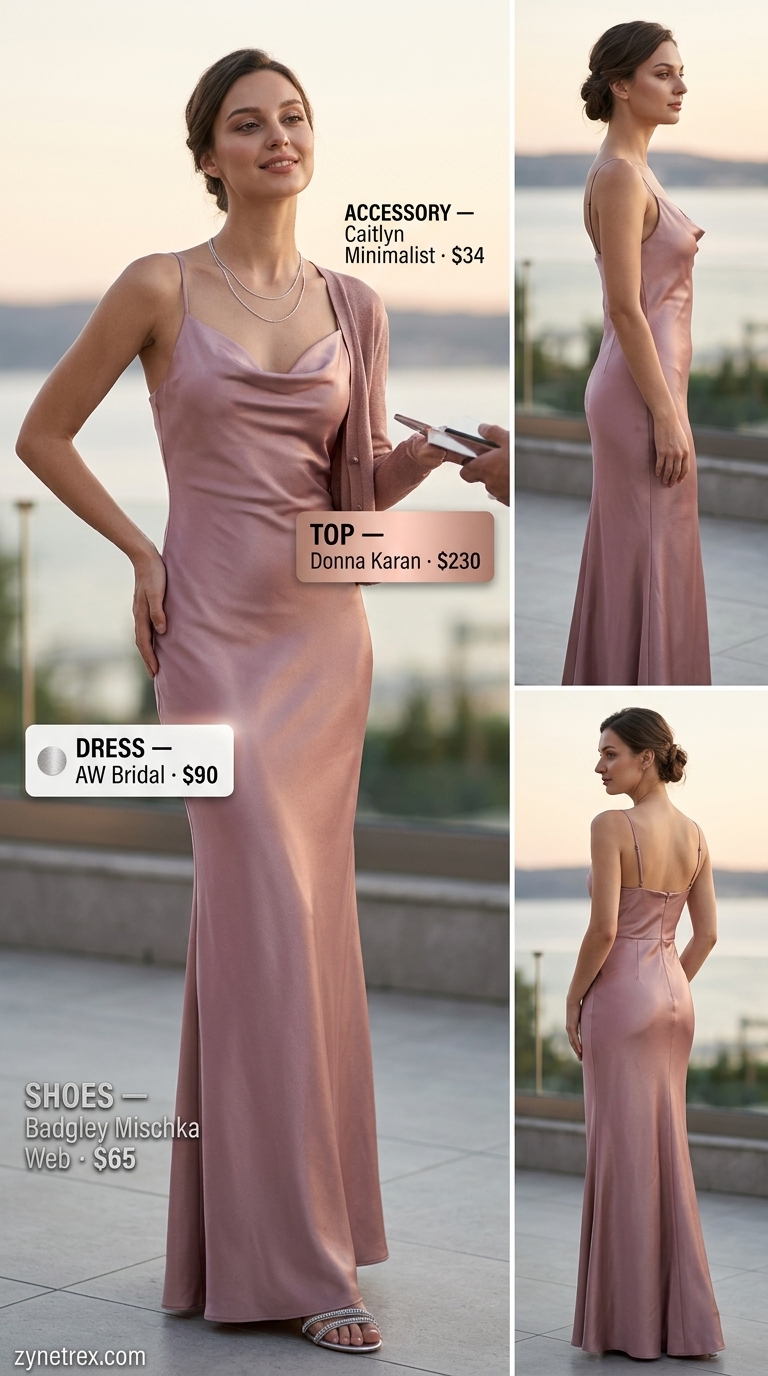 Elegant summer outfits for women over 30 2026: Dusty rose maxi slip dress, cream cardigan, silver sandals for a romantic dinner.