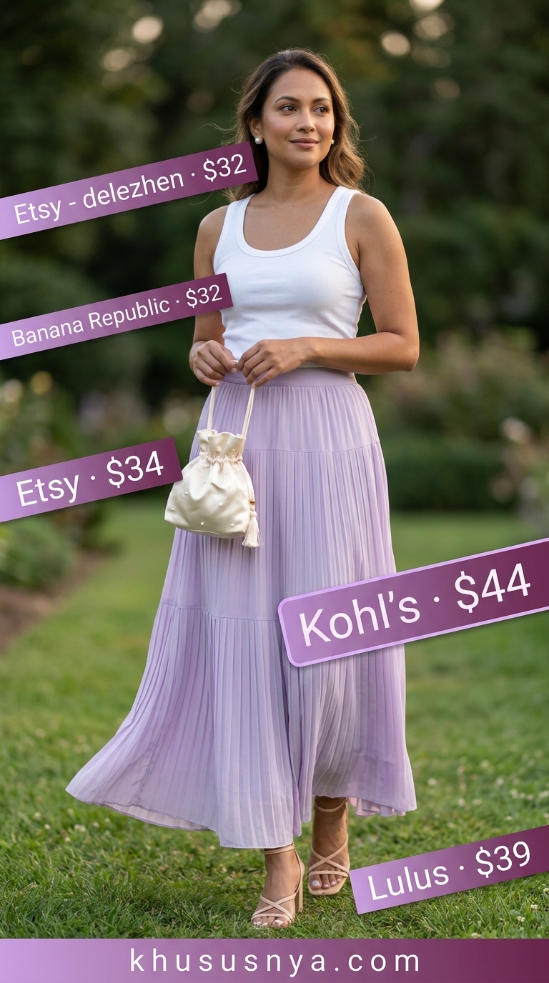Elegant summer outfits for women over 30 2026: Lavender pleated maxi skirt, cream knit top, and pearl clutch for garden parties.