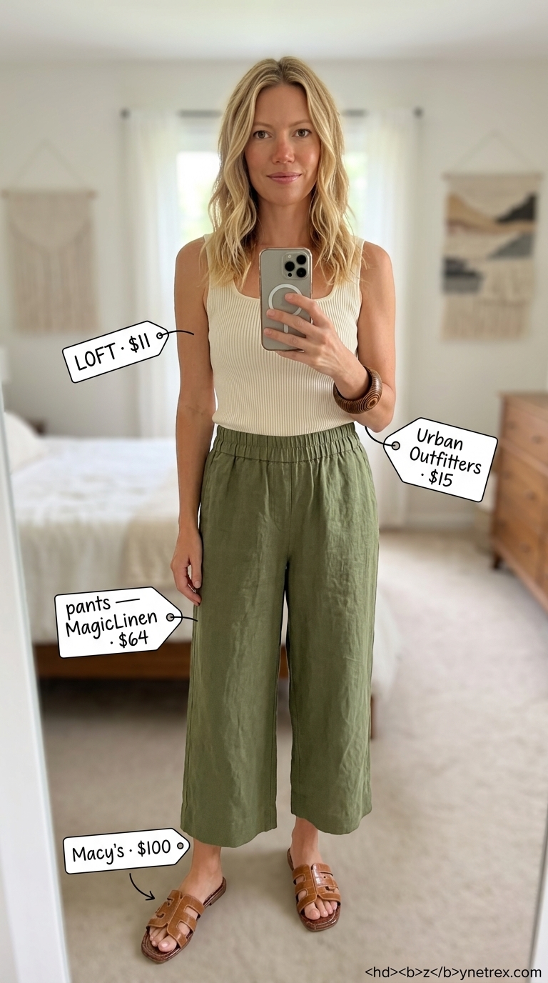 Elegant summer outfits for women over 30 2026: Olive green culottes, cream knit top, and woven tote for creative workshops.