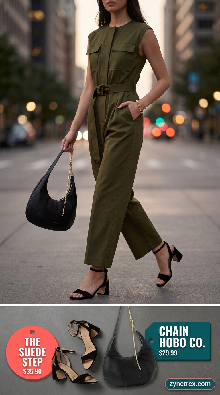 Elegant summer outfits for women over 30 2026: Olive green utility jumpsuit, black sandals, and gold bracelet for evening cocktails.