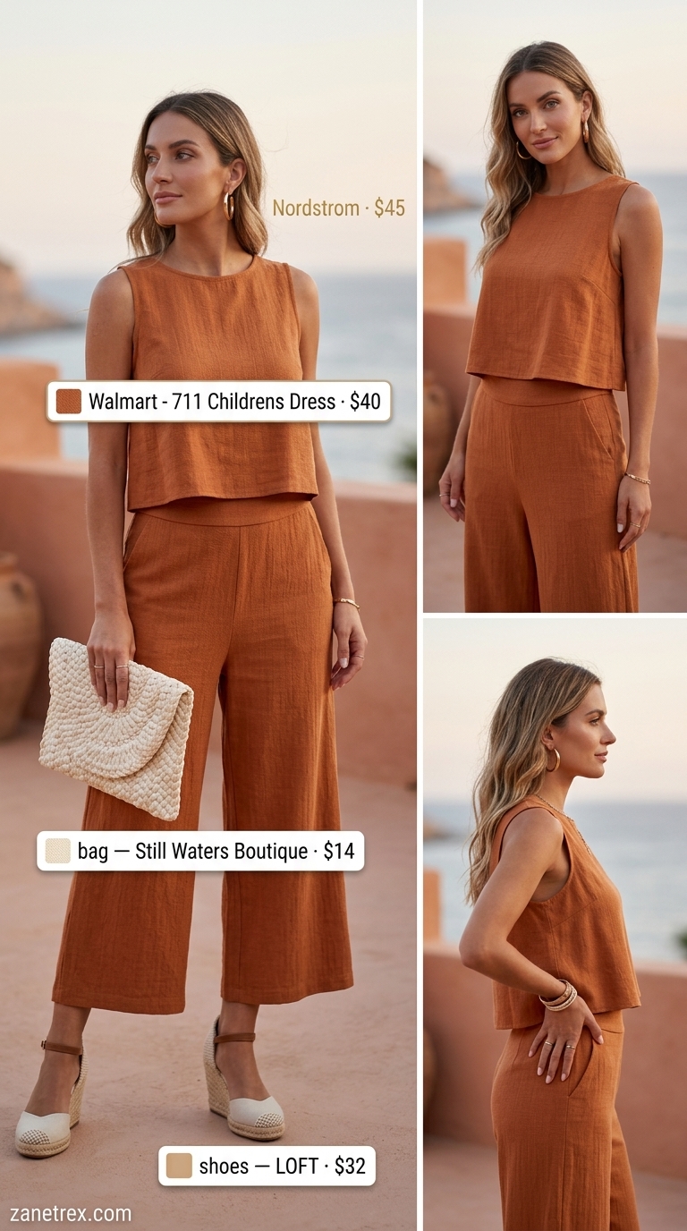 Elegant summer outfits for women over 30 2026: Terracotta linen matching set, espadrille wedges, straw clutch for resort evening.