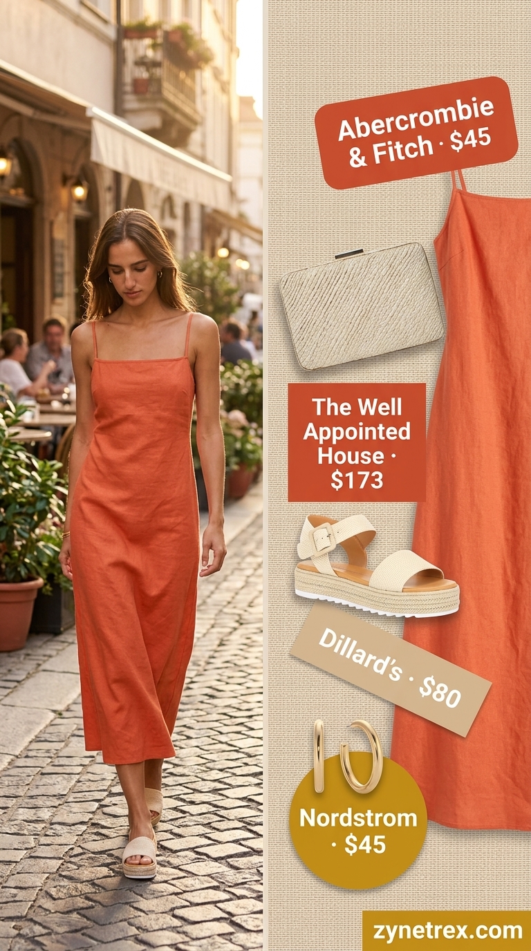 Elegant summer outfits for women over 30 2026: Terracotta linen midi dress, gold hoops, and raffia espadrilles for a vacation dinner.
