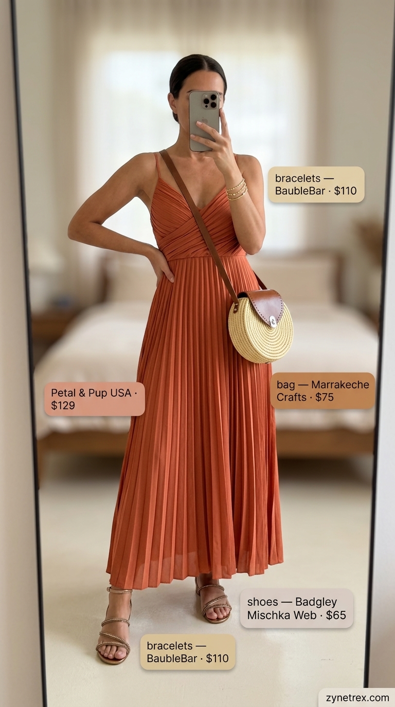 Elegant summer outfits for women over 30 2026: Terracotta maxi dress, straw crossbody, and embellished sandals for resort evenings.