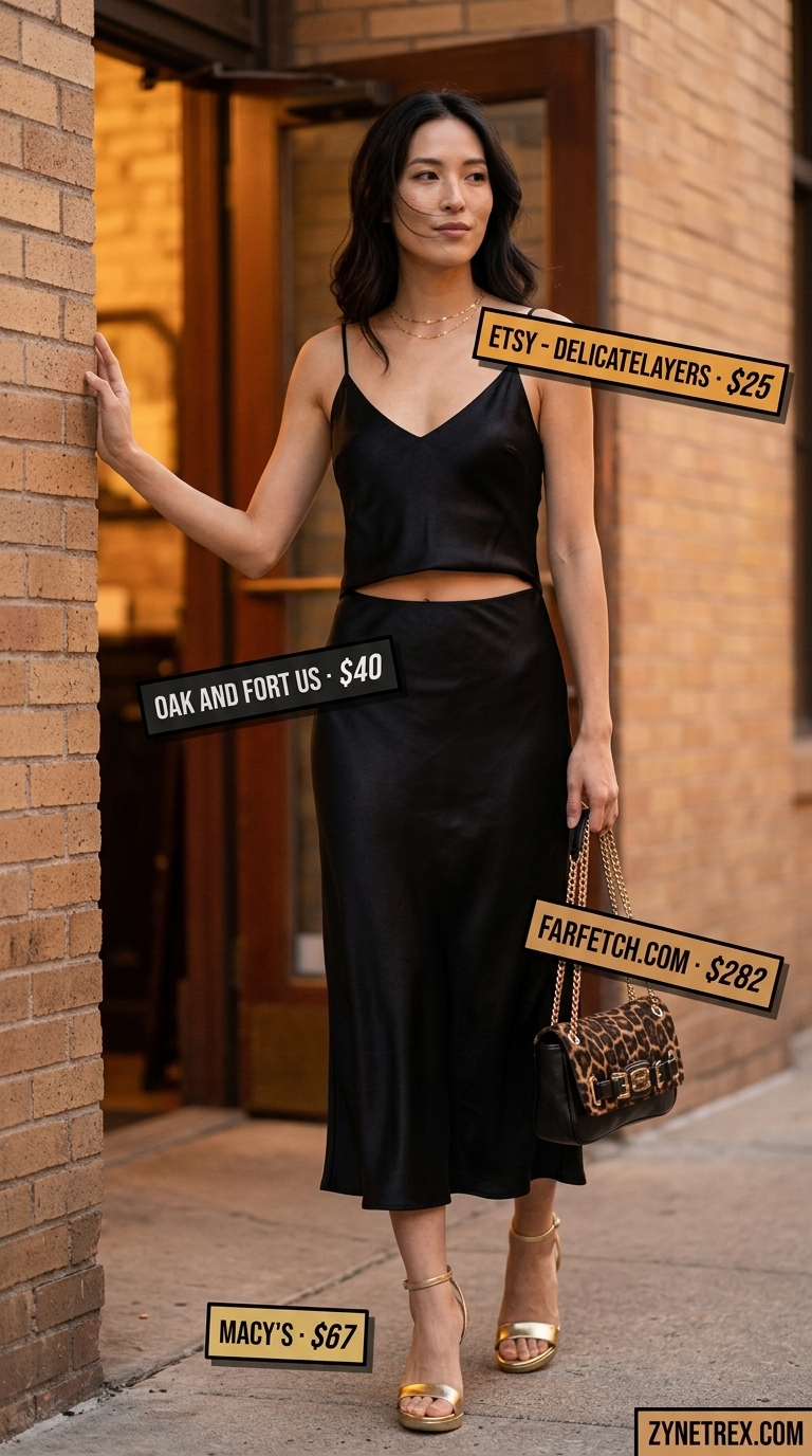 Sleek black slip dress outfit for women over 30, perfect for date nights or cocktail parties in summer 2026.