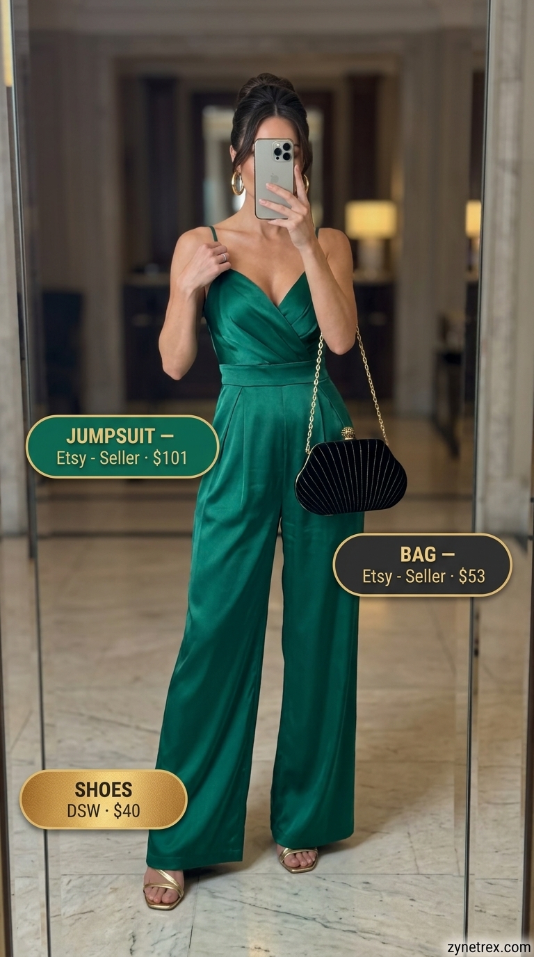 Elegant emerald green jumpsuit for women over 30, perfect for summer cocktail parties and dinner dates in 2026.