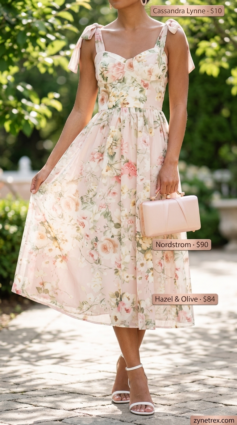 Romantic floral midi dress for women over 30, perfect for garden parties or summer weddings in 2026.