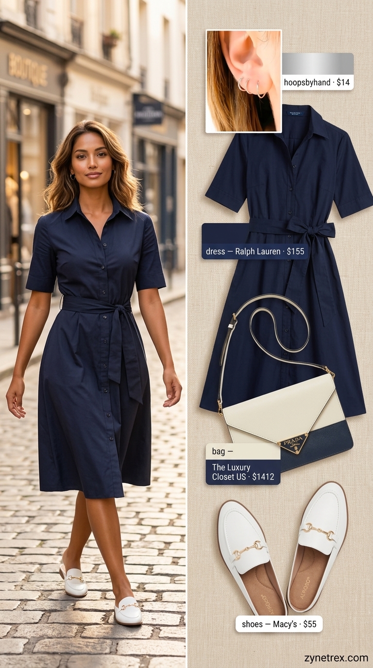 Polished navy blue shirt dress outfit for women over 30, perfect for art gallery visits or refined lunches in summer 2026.