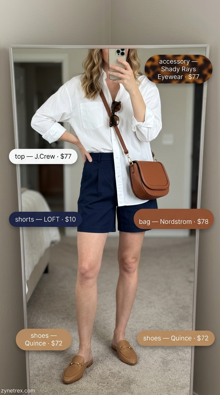 Chic navy tailored shorts outfit for women over 30, perfect for coastal city sightseeing or casual lunches in summer 2026.