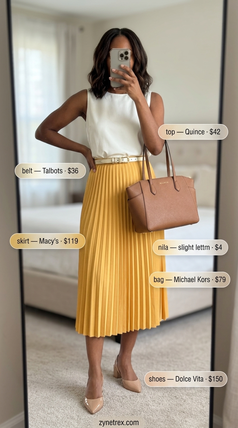 Sophisticated pale yellow midi skirt outfit for women over 30, ideal for office or business casual in summer 2026.