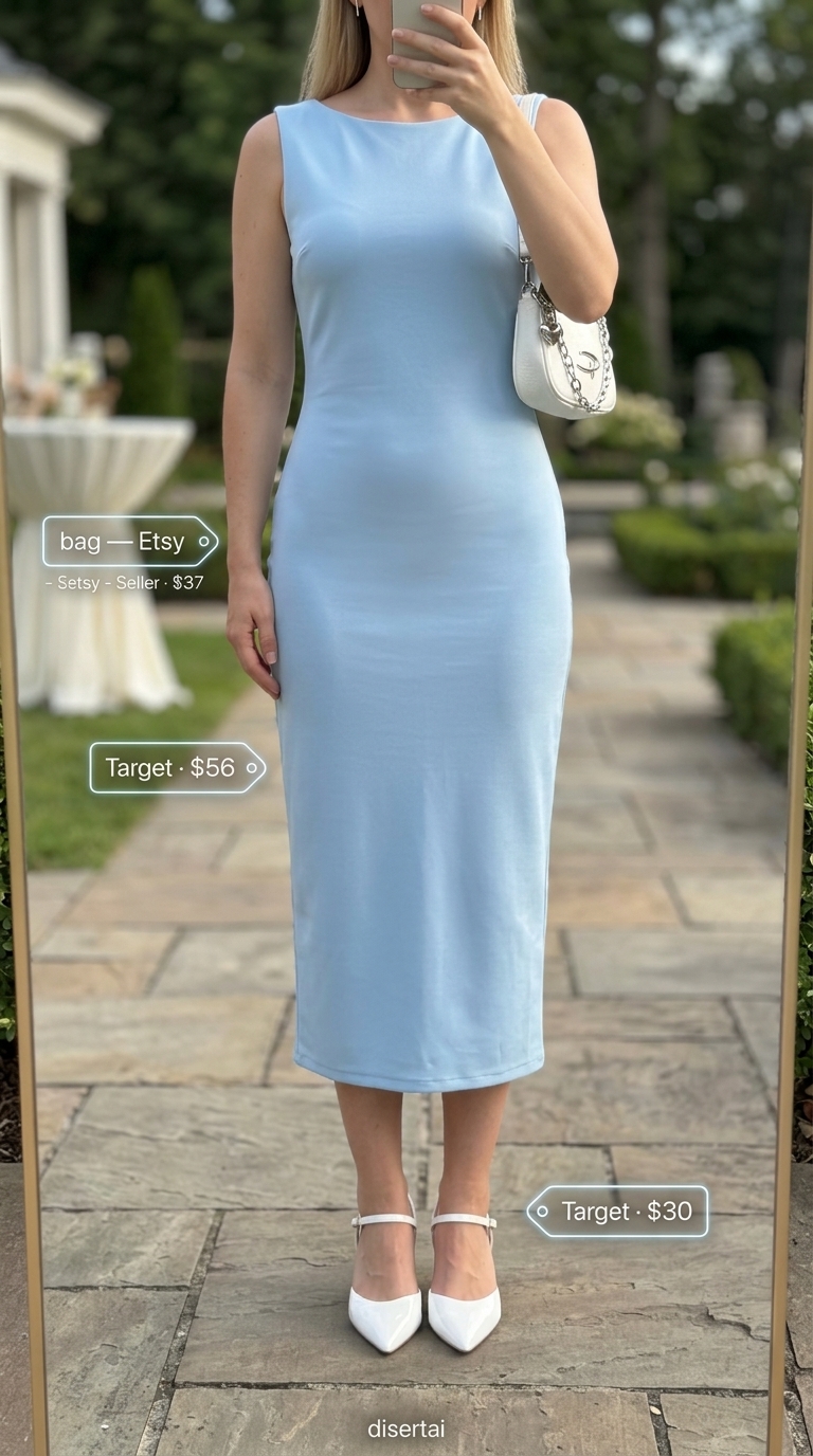 Elegant summer wedding guest outfits for women 2026: Sky blue A-line dress, white slingbacks, silver bag, silver bangles for daytime.