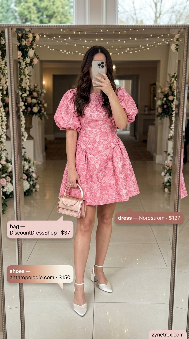 Elegant summer wedding guest outfits for women 2026: Blush pink floral mini dress, ivory mules, rose gold bag & necklace for a garden party.