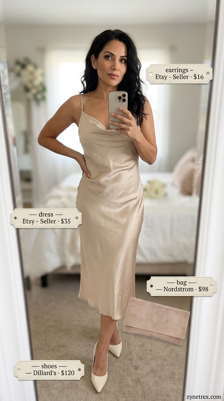 Elegant summer wedding guest outfits for women 2026: Champagne satin dress, gold clutch, ivory pumps, gold earrings for luxury wedding.