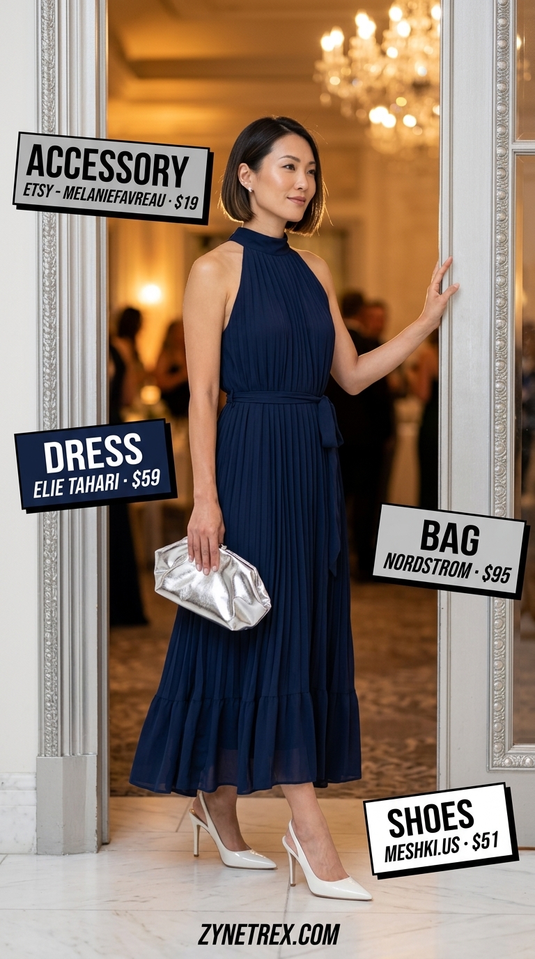 Elegant summer wedding guest outfits for women 2026: Cobalt blue halter midi dress, white slingbacks, silver clutch & earrings for a coastal wedding.