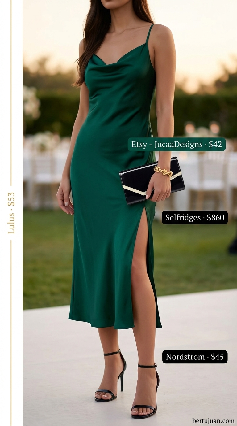 Elegant summer wedding guest outfits for women 2026: Emerald green slip dress, black clutch, gold jewelry, black sandals for evening.