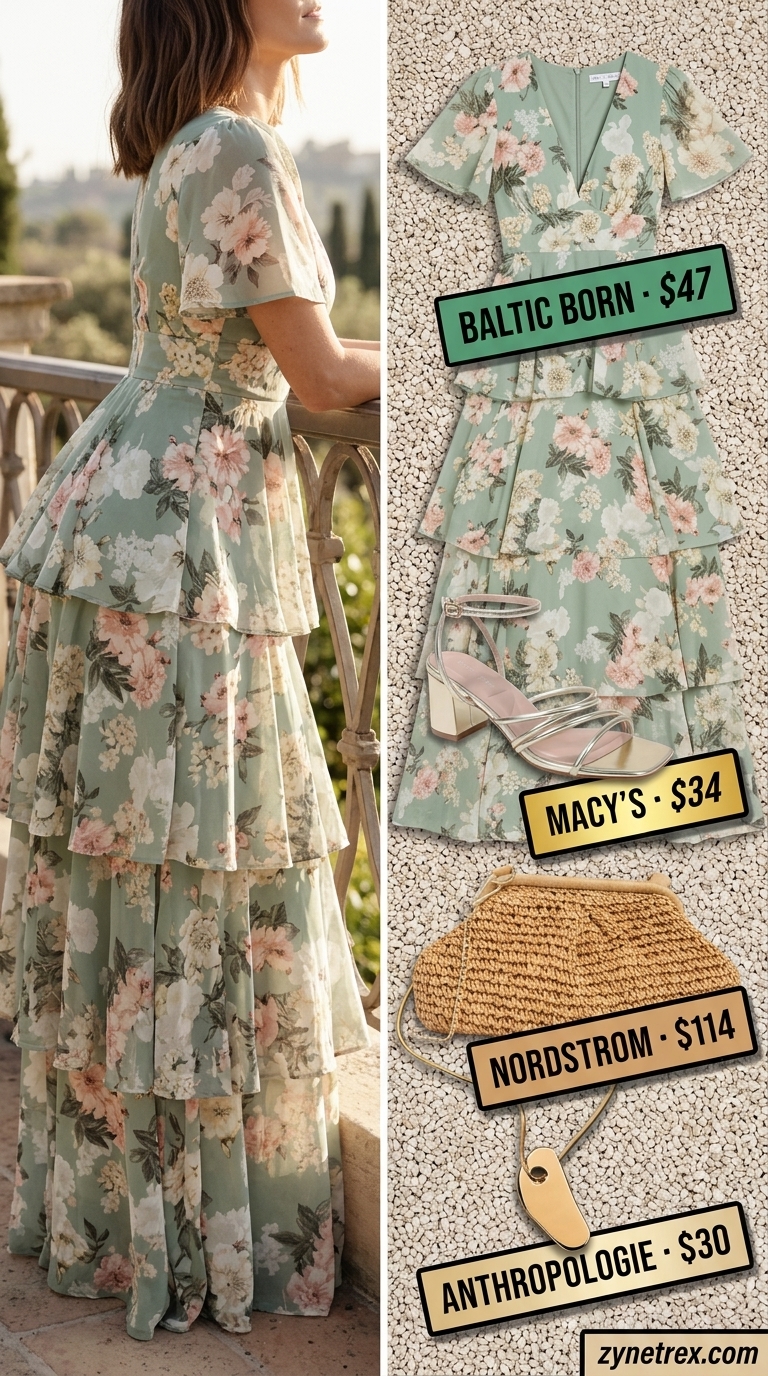 Elegant summer wedding guest outfits for women 2026: Sage green floral maxi dress, gold sandals, raffia clutch, gold necklace for garden wedding.