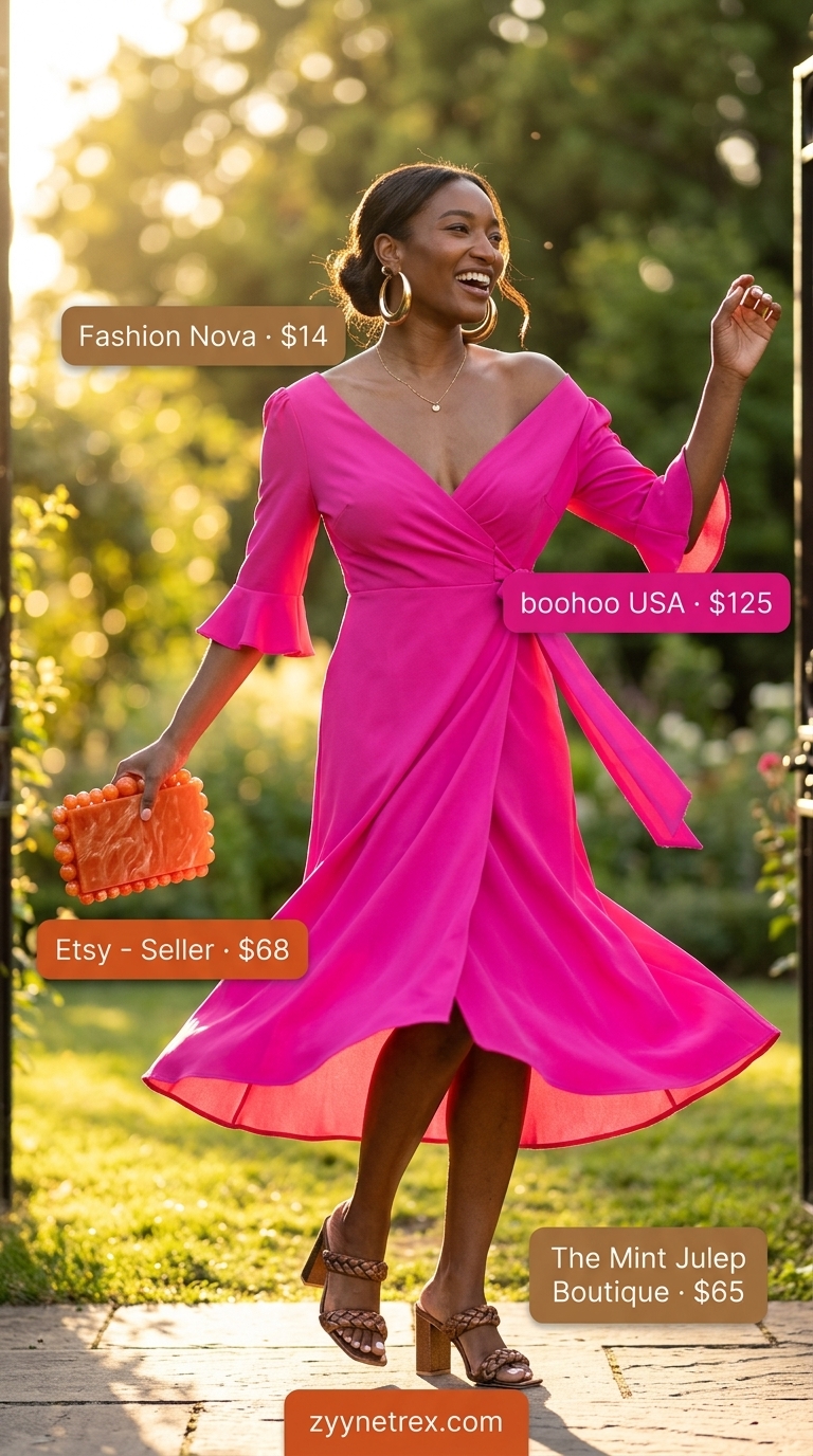 Elegant summer wedding guest outfits for women 2026: Fuchsia satin wrap dress, orange clutch, gold hoops, bronze mules for a festive party.