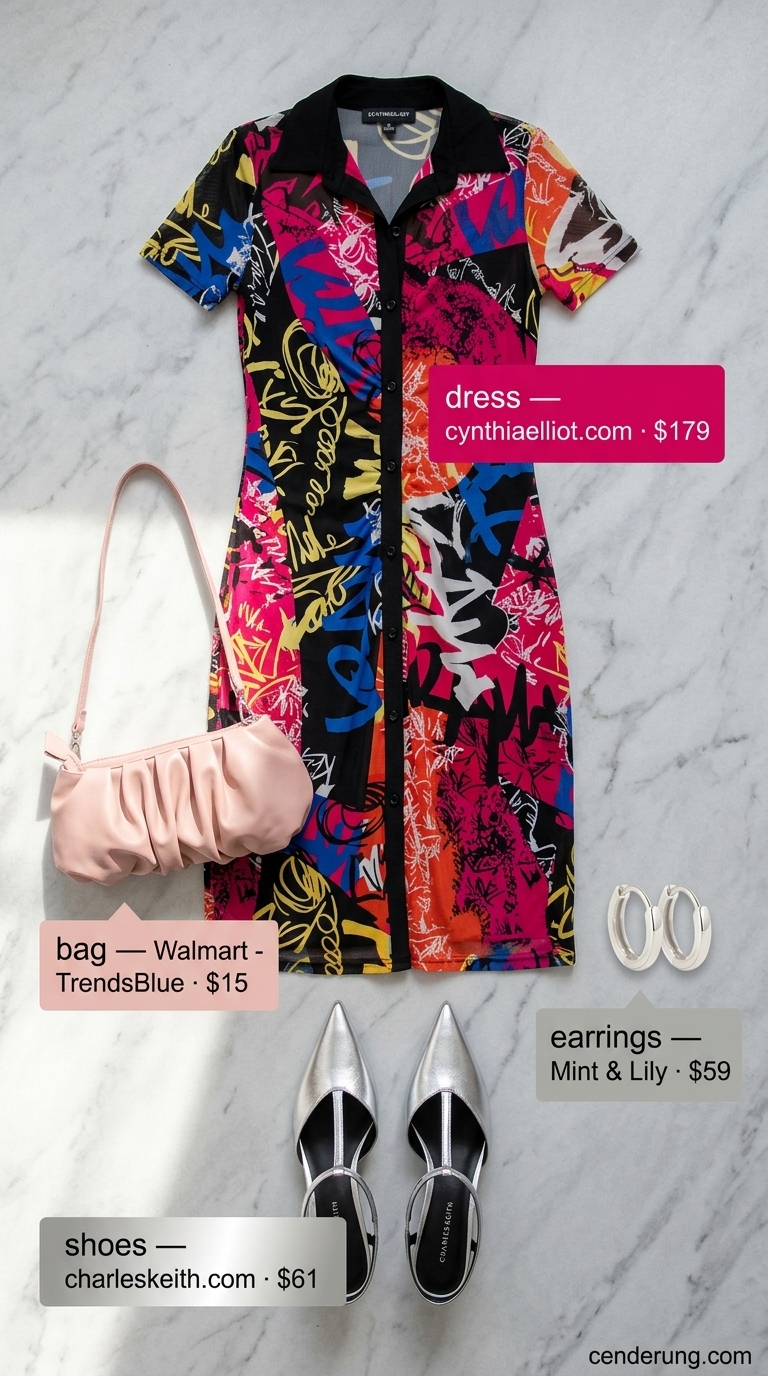 Elegant summer wedding guest outfits for women 2026: Fuchsia abstract midi dress, silver mules, blush shoulder bag, silver hoops.