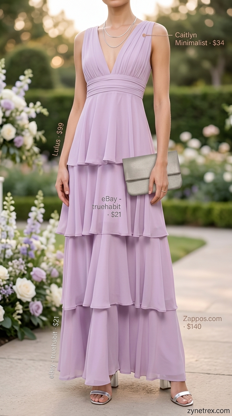 Elegant summer wedding guest outfits for women 2026: Lavender maxi dress, silver sandals, silver necklaces, silver clutch for garden.