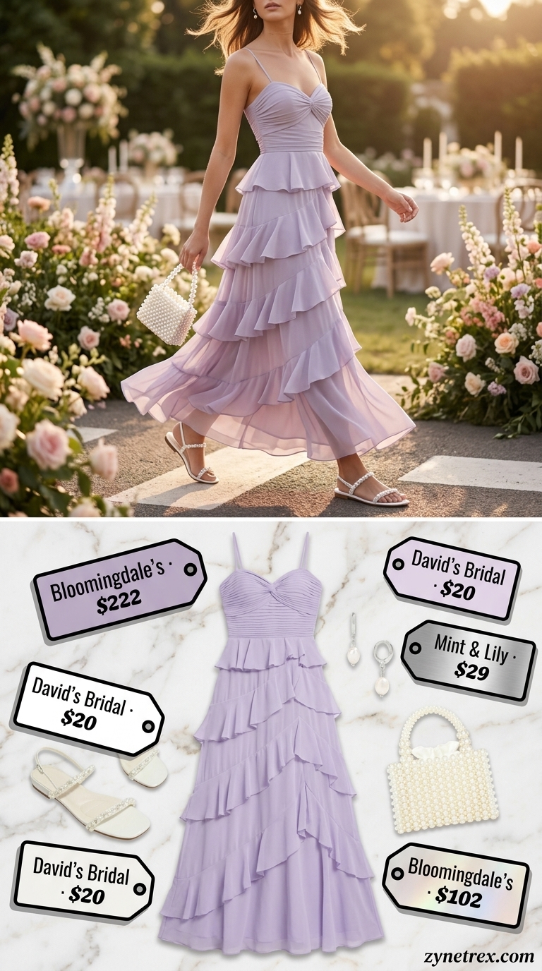Elegant summer wedding guest outfits for women 2026: Lavender tiered maxi dress, pearl bag, pearl earrings, ivory embellished sandals.