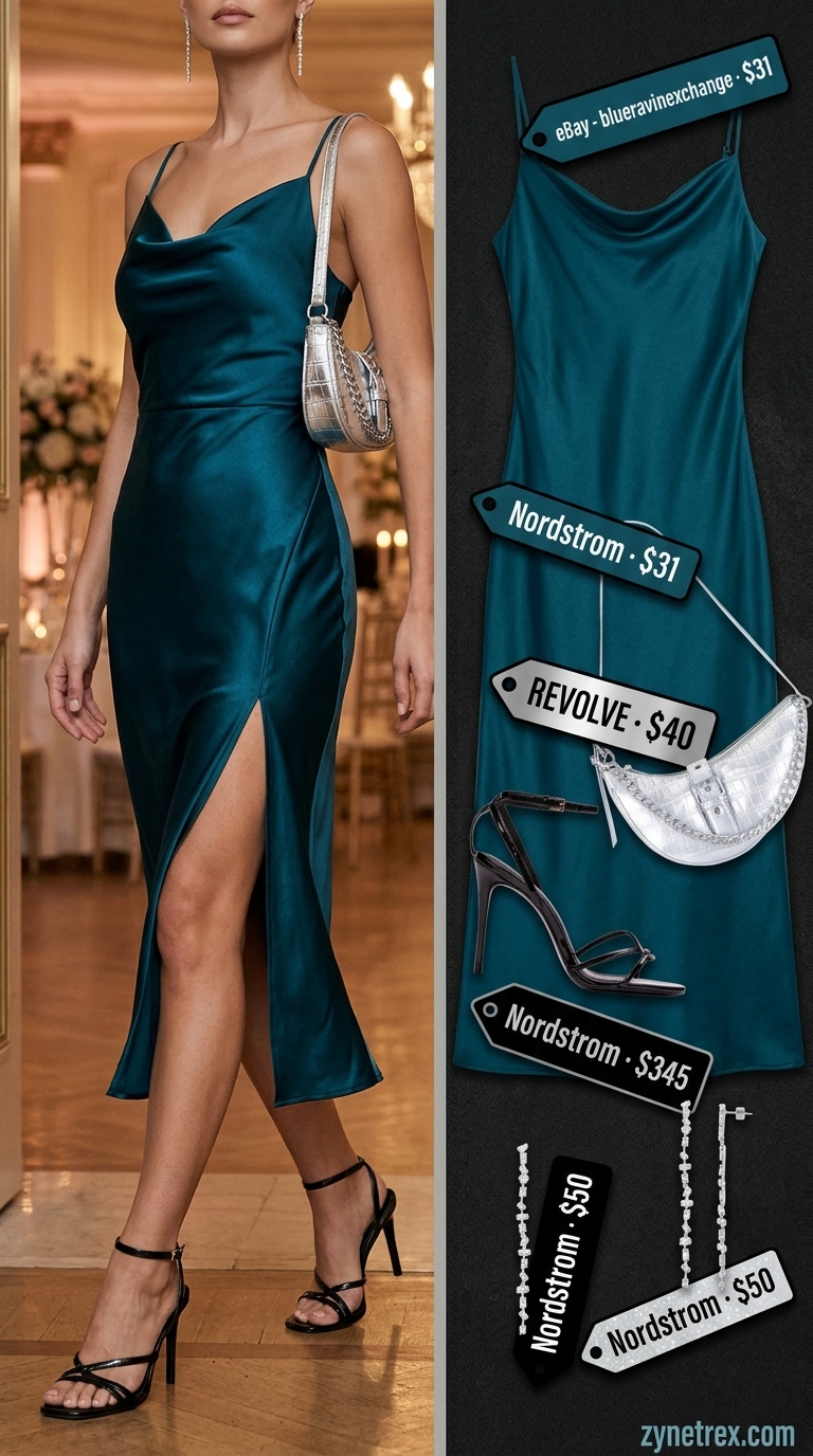 Elegant summer wedding guest outfits for women 2026: Deep teal slip dress, silver earrings, black sandals, silver top-handle bag for evening.