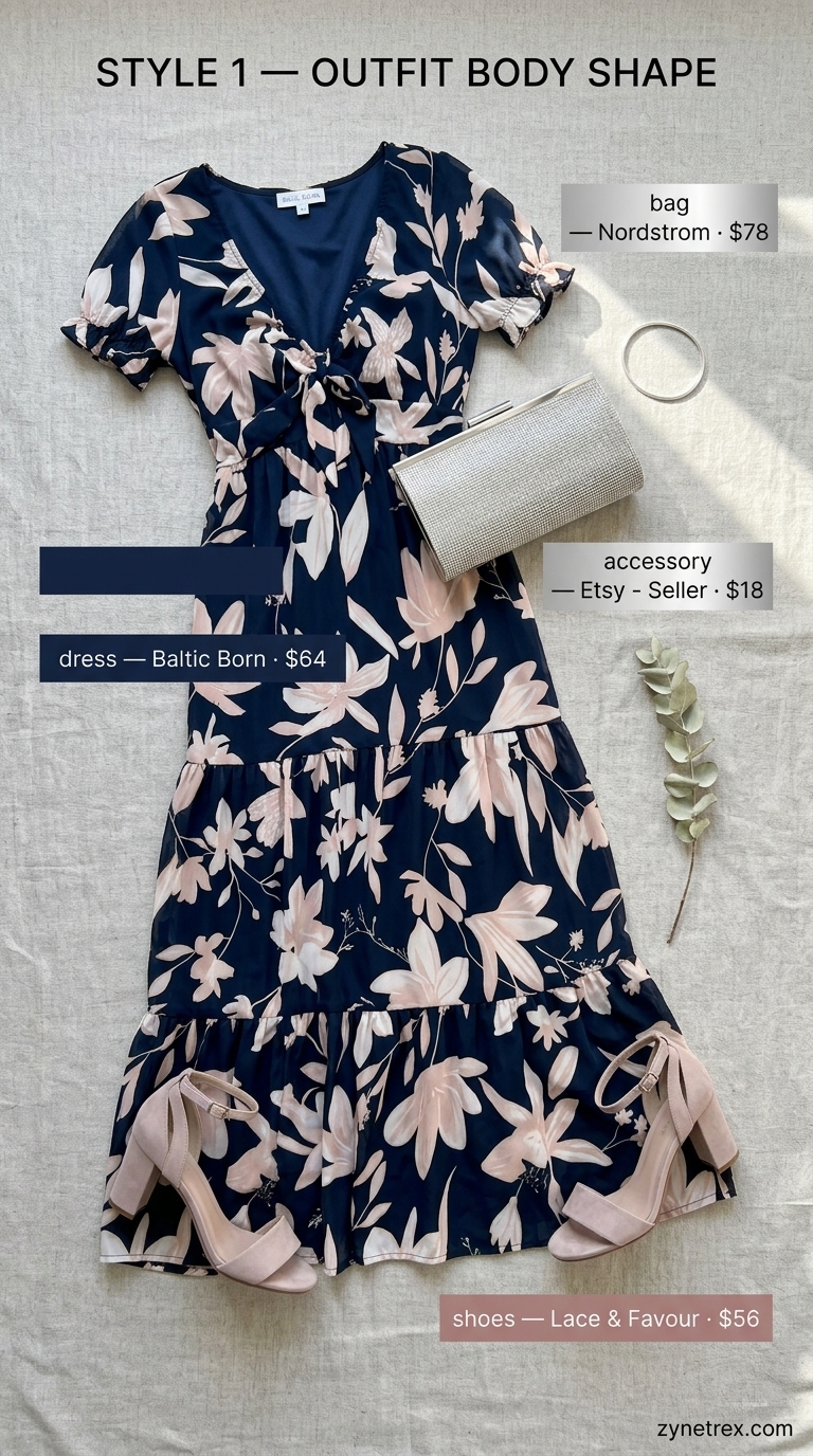 Elegant summer wedding guest outfits for women 2026: Navy floral chiffon maxi dress, blush heels, silver clutch & bangle for an evening wedding.