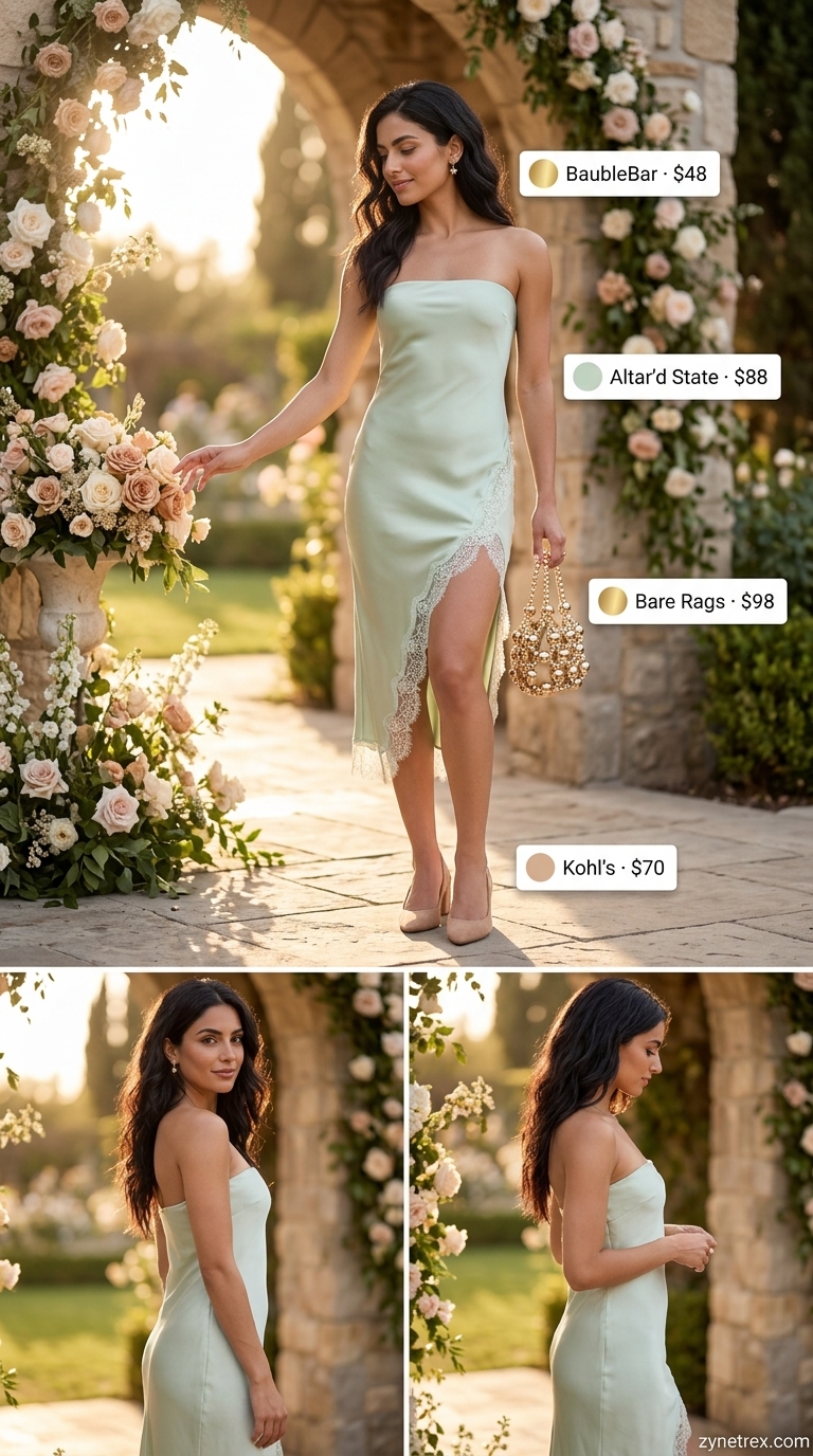 Elegant summer wedding guest outfits for women 2026: Sage green lace midi dress, cream pumps, gold bag & earrings for a garden wedding.