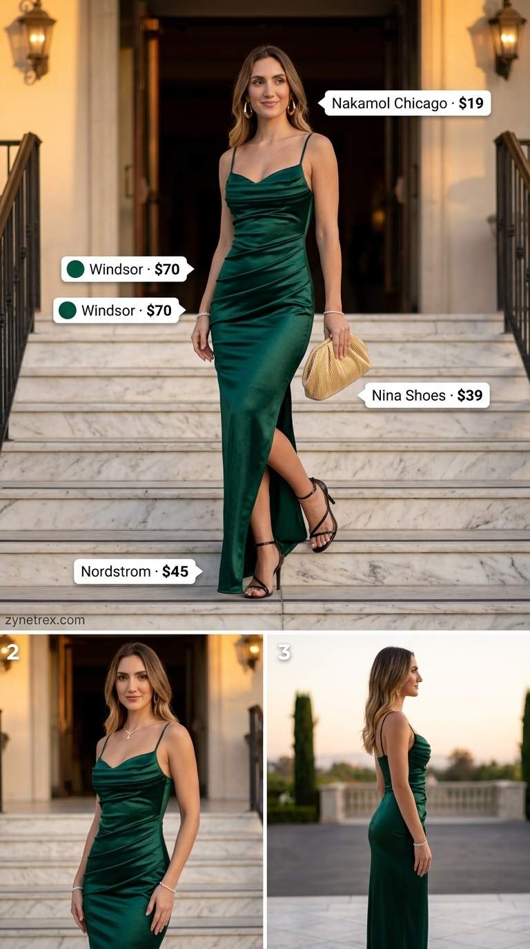 Elegant summer wedding guest outfits for women 2026: Deep teal cowl neck maxi dress, gold drop earrings, black strappy heels, gold clutch.