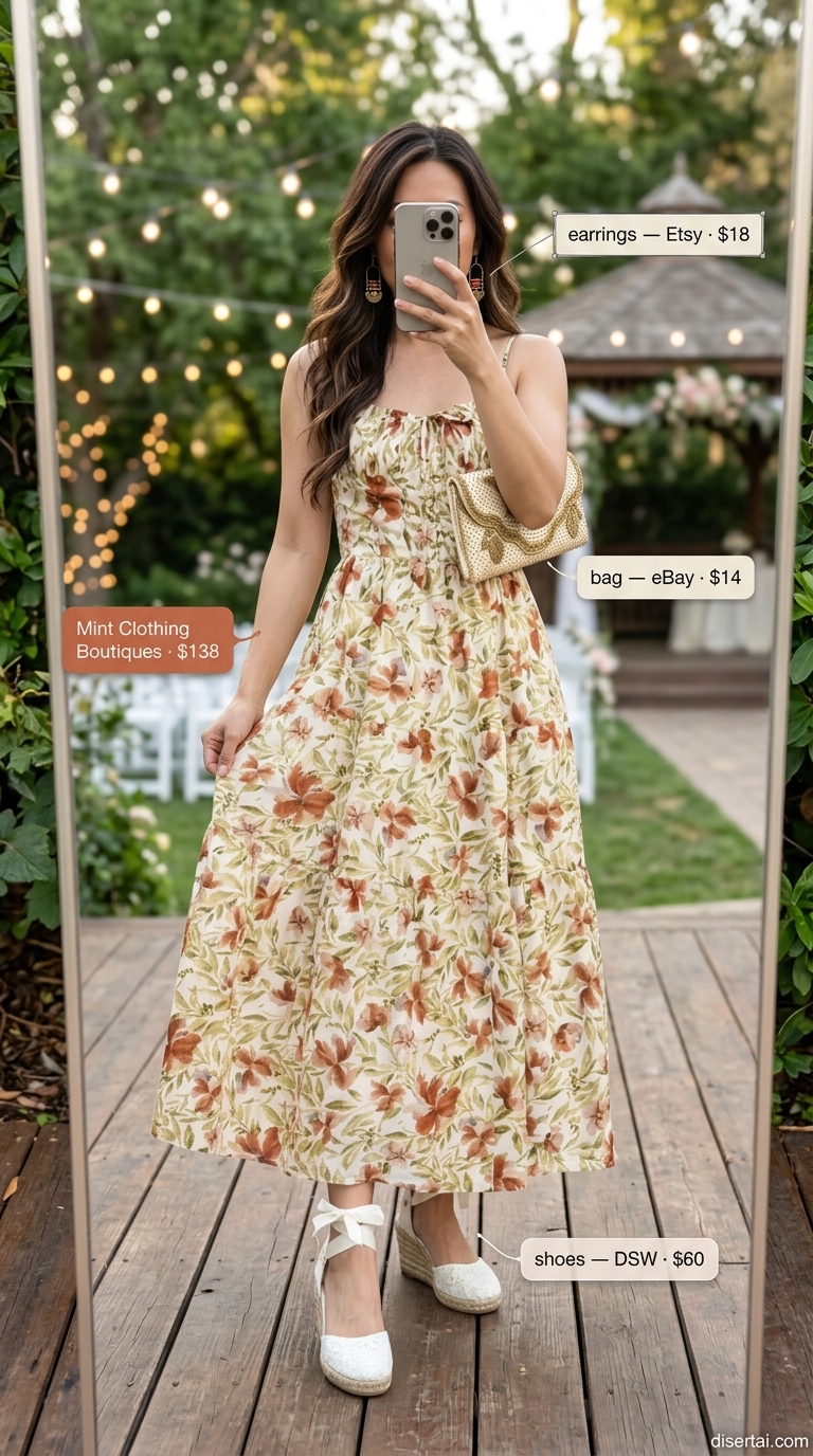 Elegant summer wedding guest outfits for women 2026: Terracotta floral maxi dress, cream espadrilles, bronze statement earrings, beaded clutch.