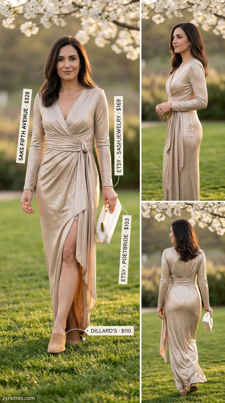 Elegant summer wedding guest outfits for women 2026: Champagne gold metallic maxi dress, taupe mules, and ivory clutch for a vineyard wedding.