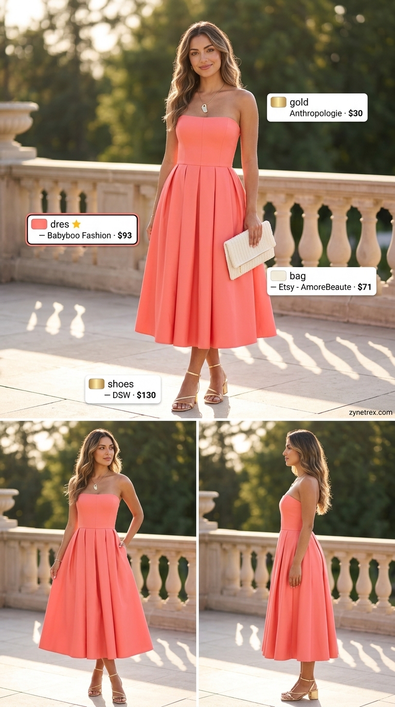 Elegant summer wedding guest outfits for women 2026: Coral fit-and-flare dress, gold sandals, and beaded clutch for a destination wedding.