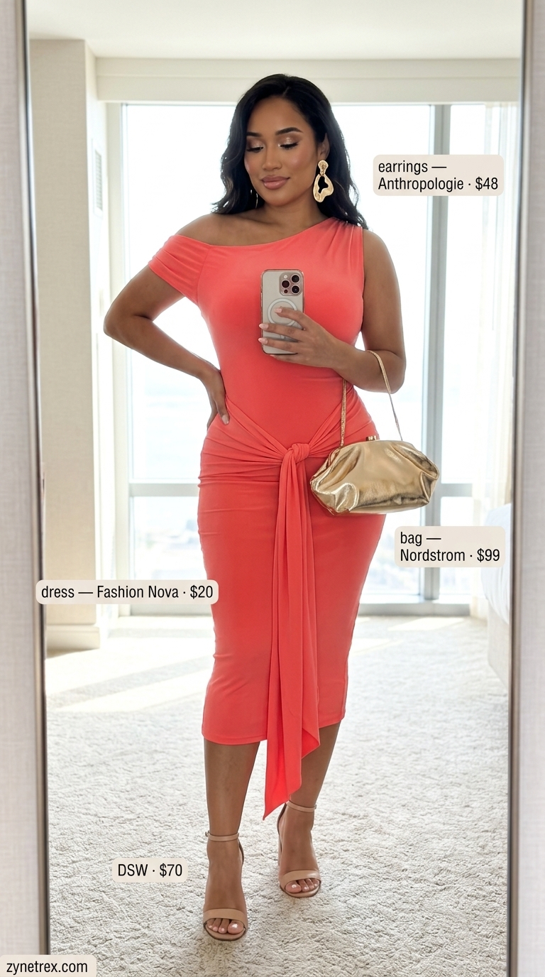 Elegant summer wedding guest outfits for women 2026: Coral one-shoulder midi dress, gold clutch, and nude sandals for a vibrant look.