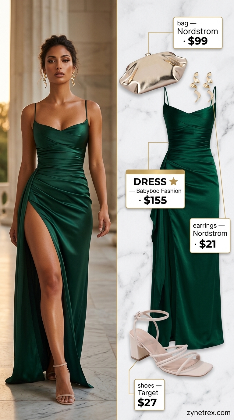 Elegant summer wedding guest outfits for women 2026: Emerald green cowl neck maxi dress, gold clutch, and nude sandals for a glamorous event.