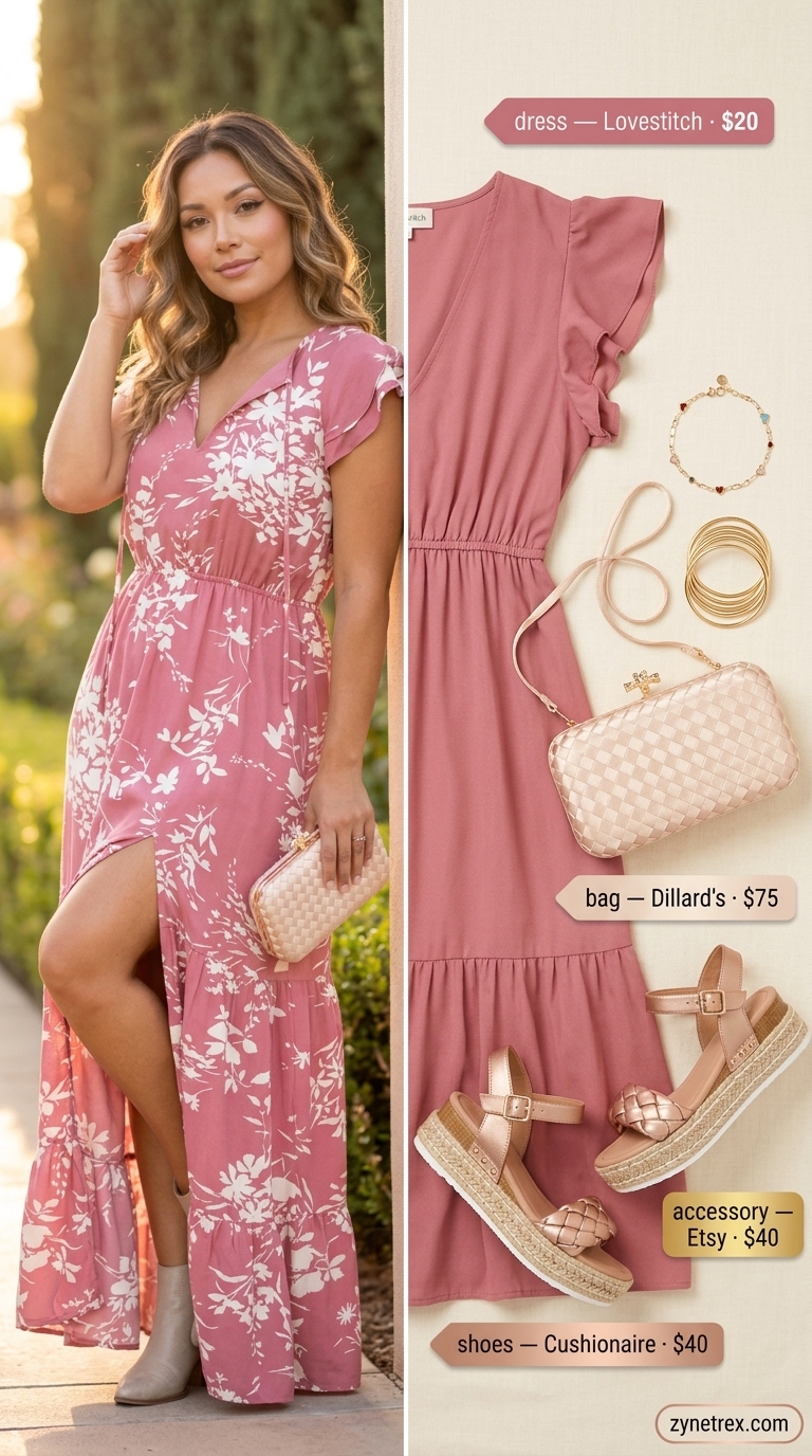 Elegant summer wedding guest outfits for women 2026: Dusty rose floral maxi dress, bronze espadrilles, and champagne clutch for boho vibes.