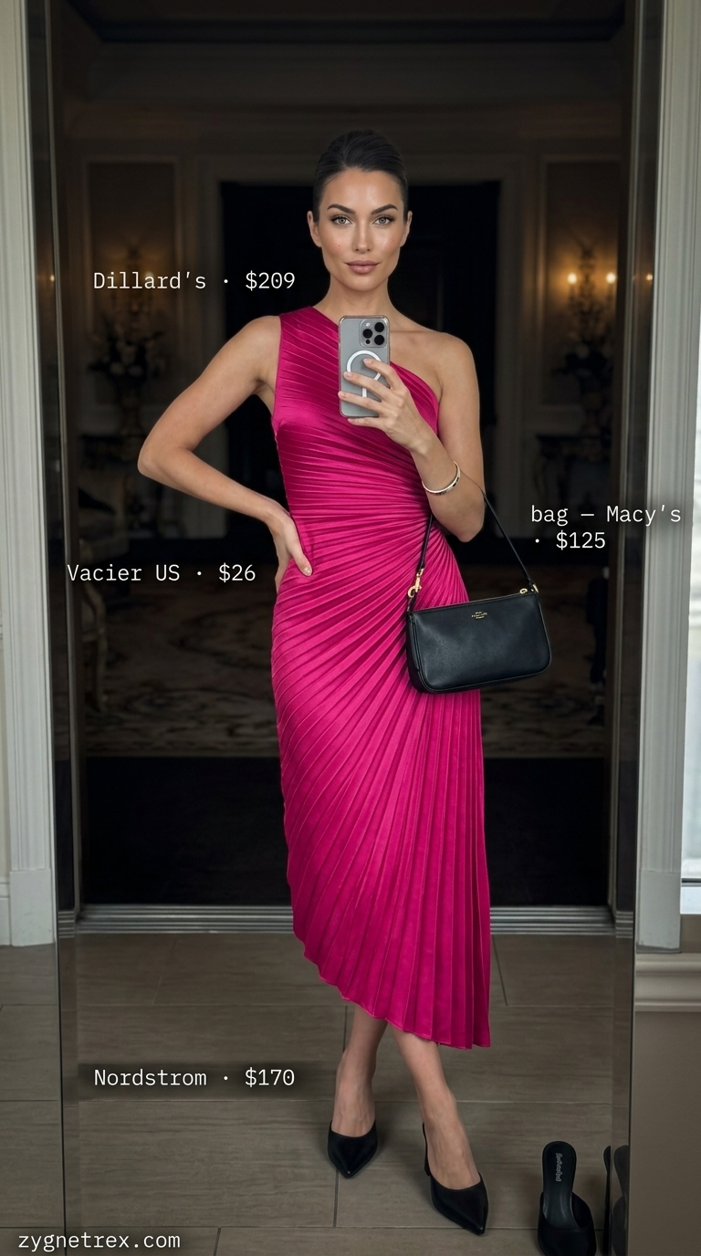 Elegant summer wedding guest outfits for women 2026: Fuchsia midi dress, black mules, and silver accessories for a modern art wedding.