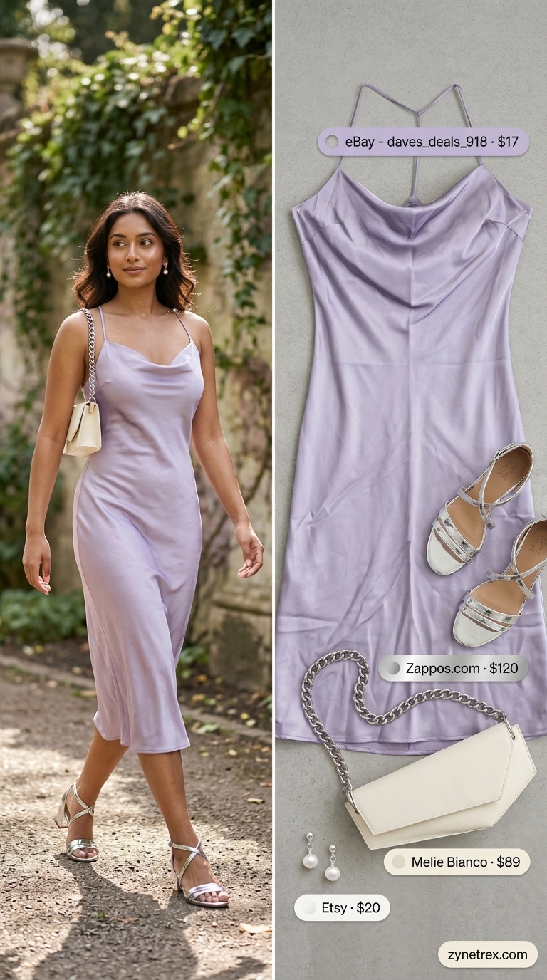 Elegant summer wedding guest outfits for women 2026: Lavender slip dress, silver sandals, and pearl earrings for a chic daytime wedding.
