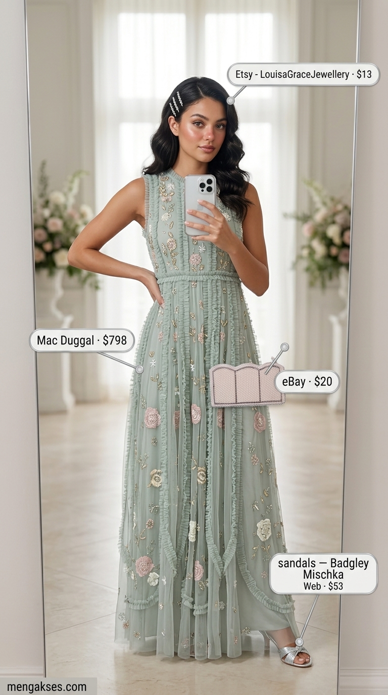 Elegant summer wedding guest outfits for women 2026: Mint green embroidered maxi dress, silver heels, and beaded clutch for a garden wedding.