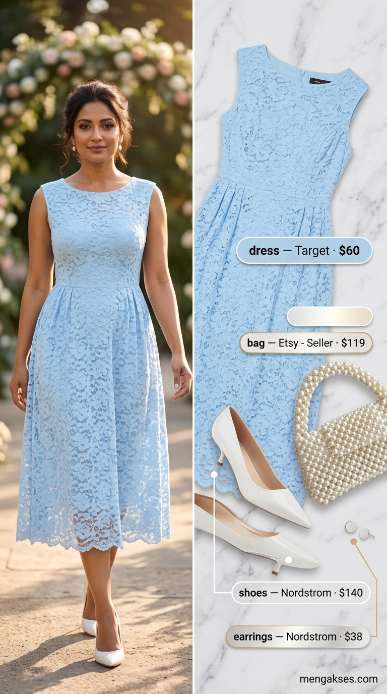 Elegant summer wedding guest outfits for women 2026: Sky blue A-line dress, white pumps, and pearl clutch for a formal daytime wedding.