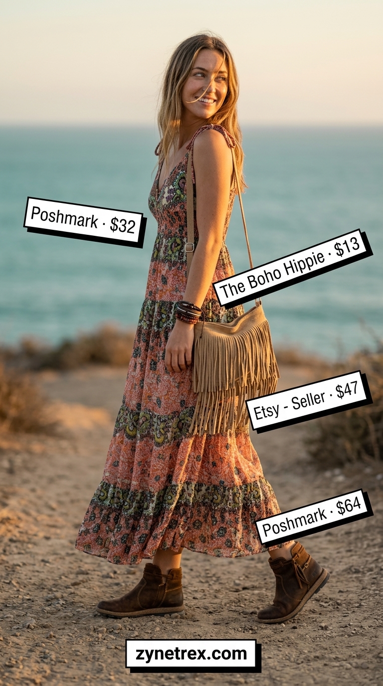 Earthy tone floral sleeveless maxi dress for festivals and beach bonfires.