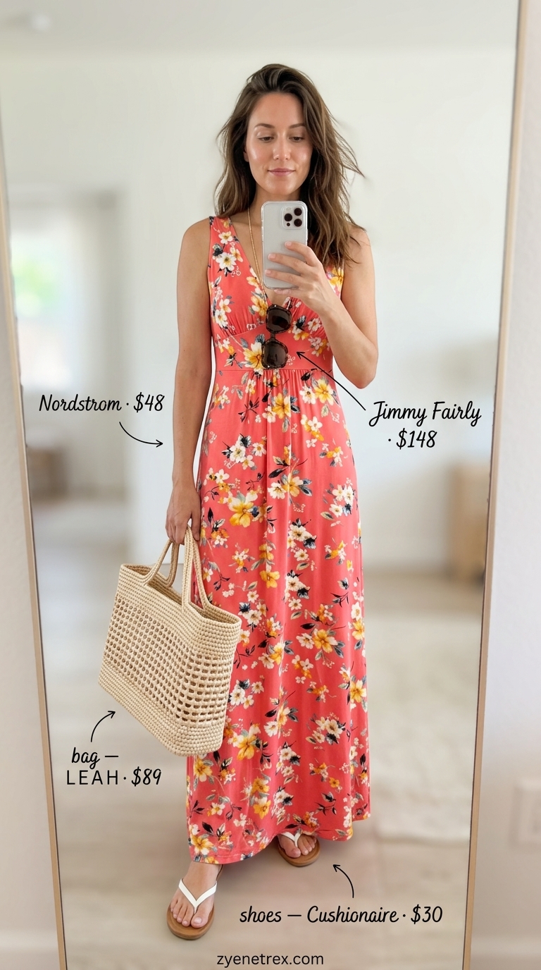 Coral floral sleeveless maxi dress for beach days and poolside.