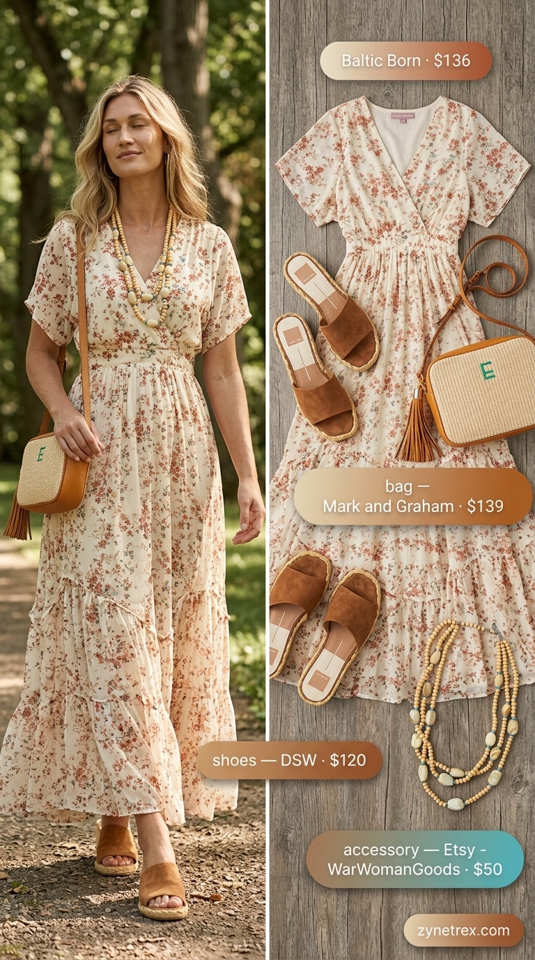 Boho floral summer sleeveless dress 2026 in earth tones with brown sandals and woven bag for evenings.