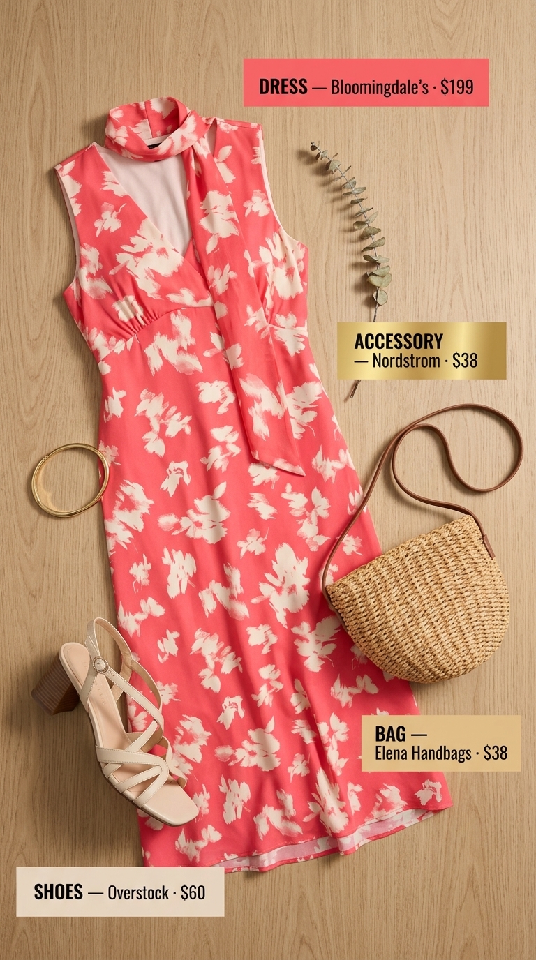Chic floral summer sleeveless dress 2026 in coral print with block heels and straw bag for brunch.