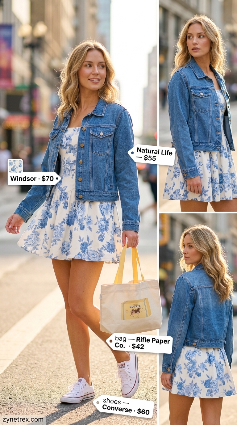 Casual floral summer sleeveless dress 2026 with denim jacket and white sneakers for weekend fun.